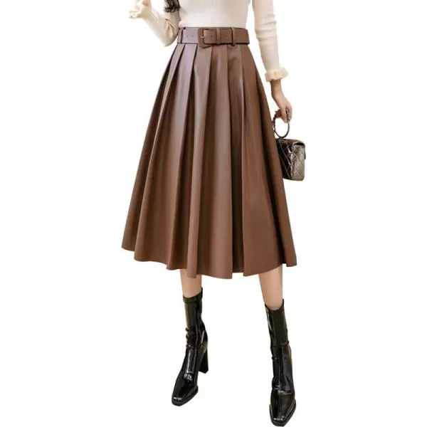 IDEALSANXUN Leather Pleated Skirt for Women 2023 High Waisted PU A Line Flared Fall Winter Midi Skirts with BeltCoffee