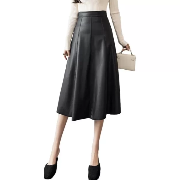 IDEALSANXUN Leather Pleated Skirt for Women 2023 Midi High Waisted A Line Flared Fall Winter Pleather Long SkirtBlack