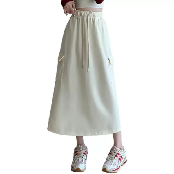 IDEALSANXUN Long Cargo Skirt for Women Fall Winter 2023 High Waisted A Line Drawstring Sweatshirt Midi Skirt with SlitBeige