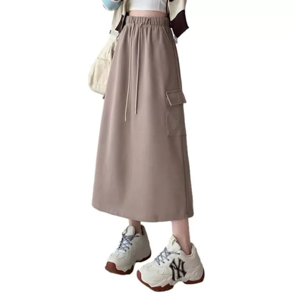 IDEALSANXUN Long Cargo Skirt for Women Fall Winter 2023 High Waisted A Line Drawstring Sweatshirt Midi Skirt with SlitKhaki