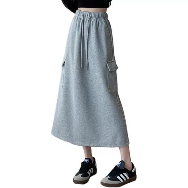 IDEALSANXUN Long Cargo Skirt for Women Fall Winter 2023 High Waisted A Line Drawstring Sweatshirt Midi Skirt with SlitLight Grey