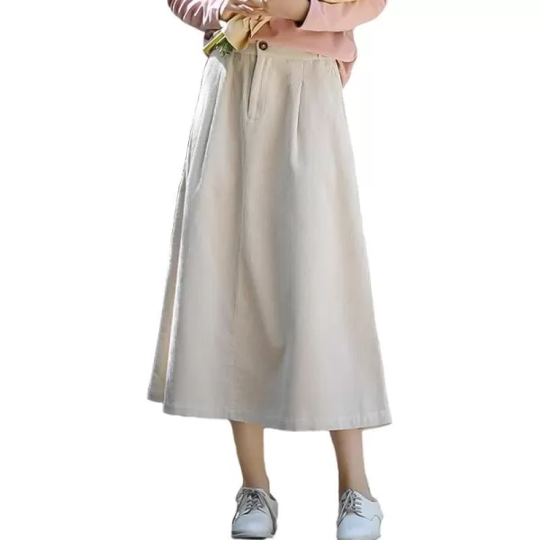 IDEALSANXUN Long Corduroy Skirt for Women High Waisted A Line Fall Winter Midi Skirt with PocketBeige