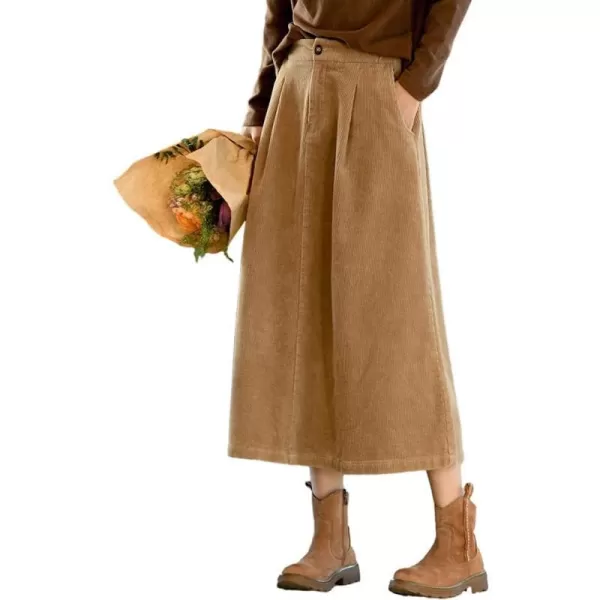 IDEALSANXUN Long Corduroy Skirt for Women High Waisted A Line Fall Winter Midi Skirt with PocketKhaki