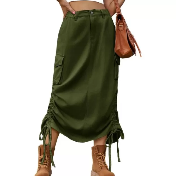 IDEALSANXUN Long Denim Cargo Skirts for Women Fashion 2023 Elastic High Waisted Slit Maxi Jean SkirtArmy