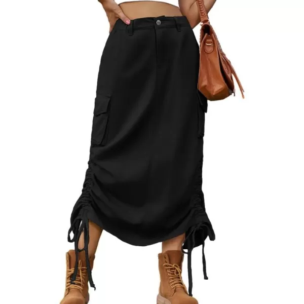 IDEALSANXUN Long Denim Cargo Skirts for Women Fashion 2023 Elastic High Waisted Slit Maxi Jean SkirtBlack