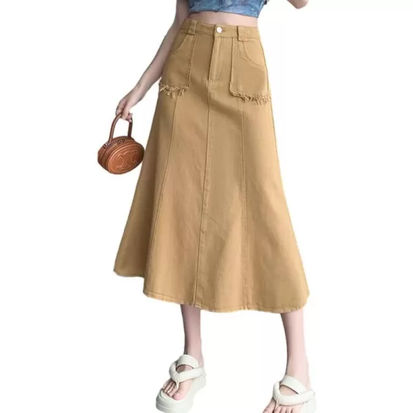 IDEALSANXUN Long Denim Skirt for Women Fall Winter High Waisted A Line Flowy Jean Midi SkirtKhaki