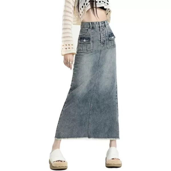 IDEALSANXUN Long Denim Skirts for Women High Waisted A Line Maxi Bodycon Pencil Jean SkirtBlue