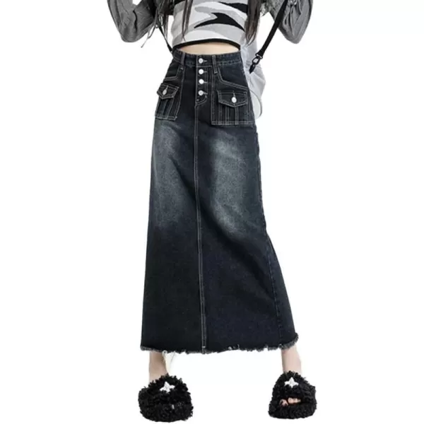 IDEALSANXUN Long Denim Skirts for Women High Waisted A Line Maxi Bodycon Pencil Jean SkirtDark Blue