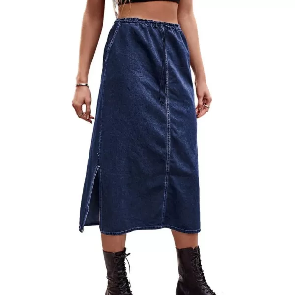 IDEALSANXUN Long Denim Skirts for Women Trendy 2023 Elastic High Waisted Drawstring Y2K Jean Skirts with SlitBlue