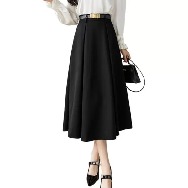 IDEALSANXUN Long Midi Skirt for Women High Waisted A Line Flowy Pleated Fall Winter Skirt with BeltBlack