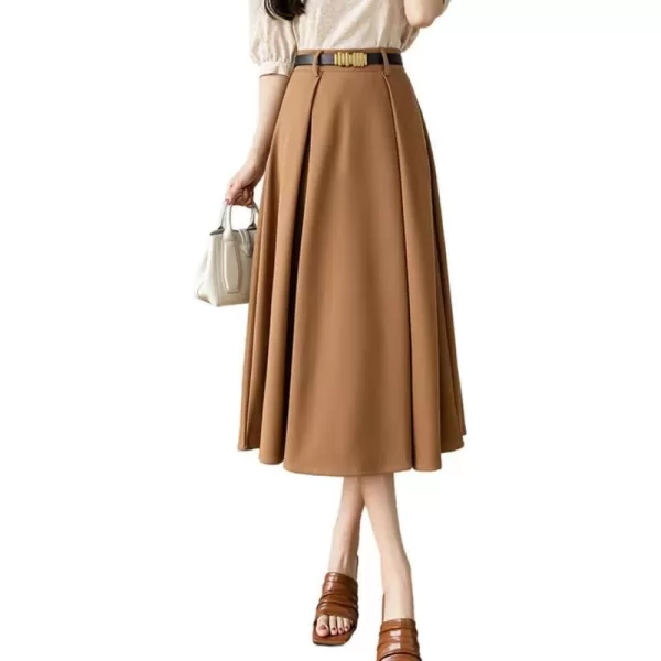 IDEALSANXUN Long Midi Skirt for Women High Waisted A Line Flowy Pleated Fall Winter Skirt with BeltKhaki