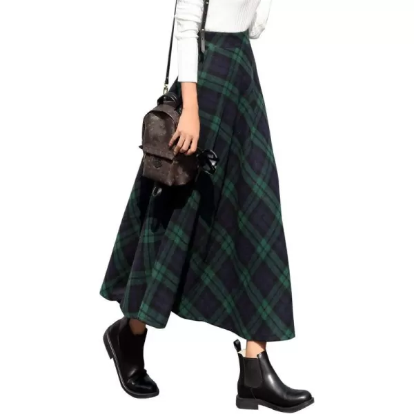 IDEALSANXUN Long Plaid Wool Skirts for Womens High Waist Aline Pleated Long Winter SkirtsGreen 01