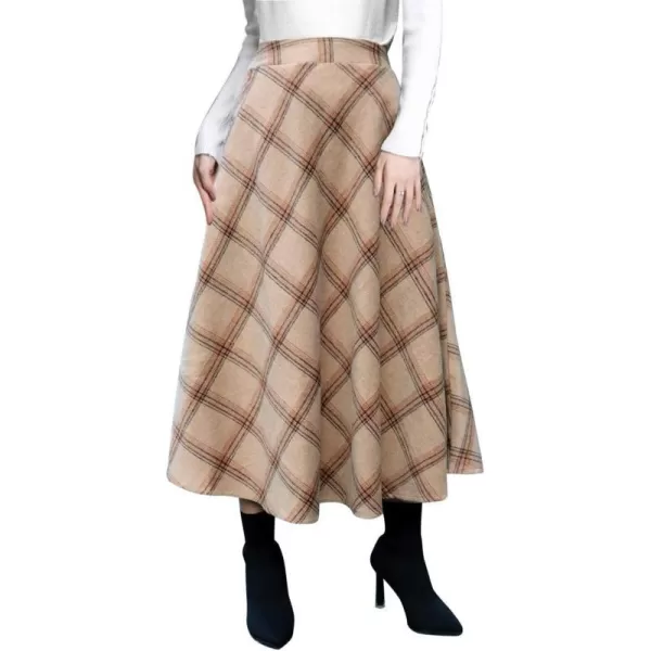 IDEALSANXUN Long Plaid Wool Skirts for Womens High Waist Aline Pleated Long Winter SkirtsKhaki