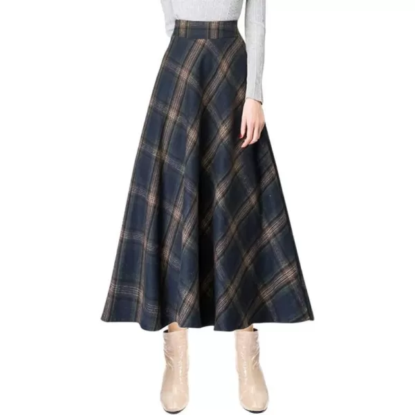 IDEALSANXUN Long Plaid Wool Skirts for Womens High Waist Aline Pleated Long Winter SkirtsNavy