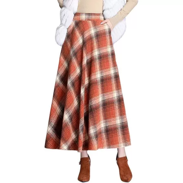 IDEALSANXUN Long Plaid Wool Skirts for Womens High Waist Aline Pleated Long Winter SkirtsOrange
