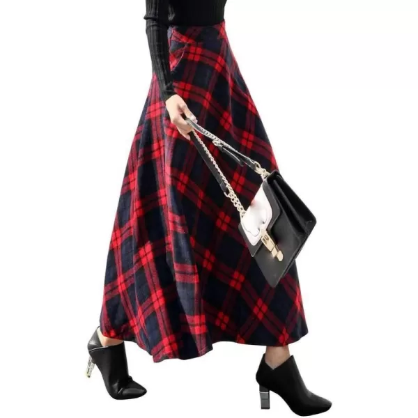 IDEALSANXUN Long Plaid Wool Skirts for Womens High Waist Aline Pleated Long Winter SkirtsRed