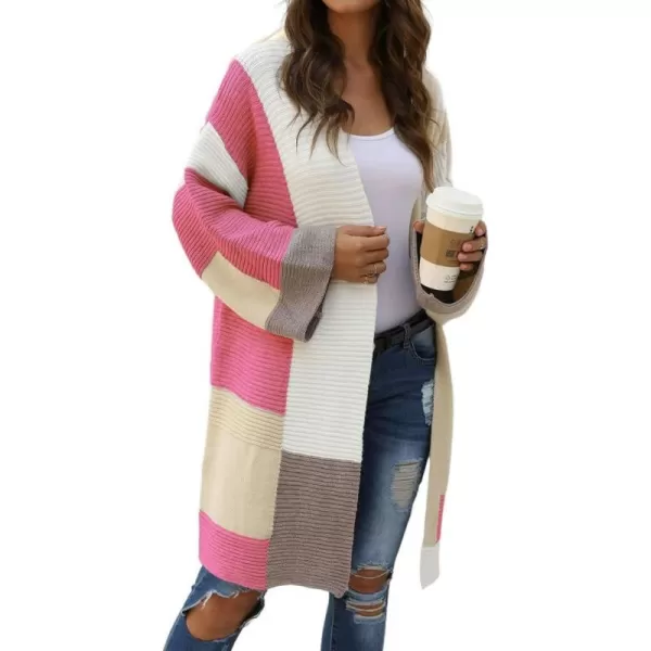 IDEALSANXUN Long Sweater Cardigan Women Oversized Color Block Bell Sleeve Fall Winter 2023 Casual Jacket CoatPink