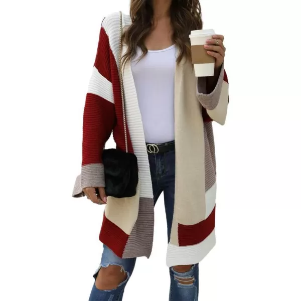 IDEALSANXUN Long Sweater Cardigan Women Oversized Color Block Bell Sleeve Fall Winter 2023 Casual Jacket CoatRed