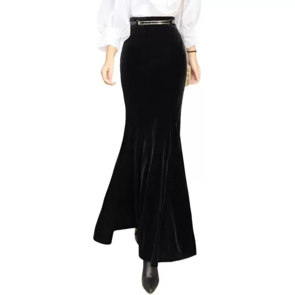 IDEALSANXUN Long Velvet Pencil Skirts for Women Warm Fall Winter High Waisted Stretch Ruffle Mermaid Bodycon Maxi SkirtBlack
