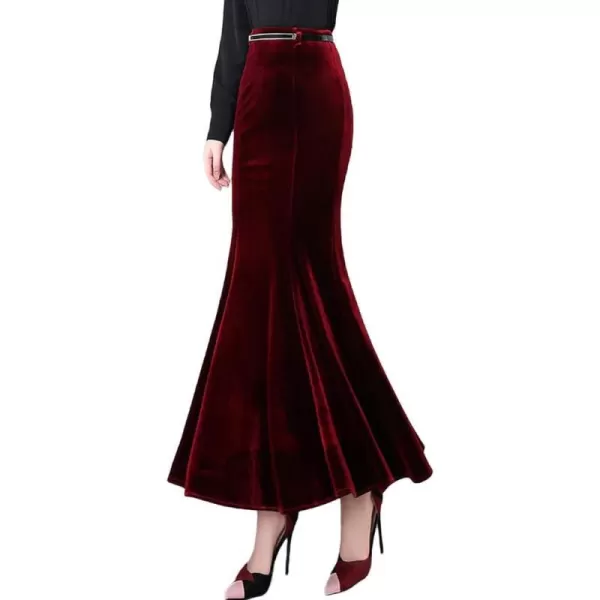 IDEALSANXUN Long Velvet Pencil Skirts for Women Warm Fall Winter High Waisted Stretch Ruffle Mermaid Bodycon Maxi SkirtWine Red