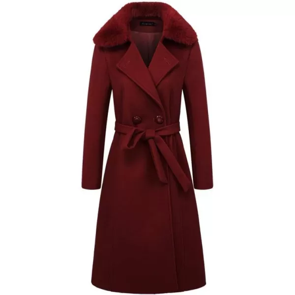 IDEALSANXUN Long Wool Jackets for Womens Faux Fur Collar Slim Fit Pea Coat OutwearWine