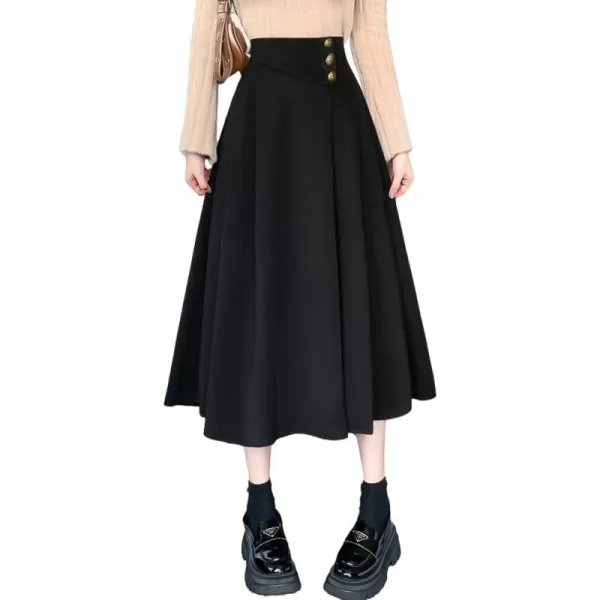 IDEALSANXUN Long Wool Skirt for Women Fall Winter 2023 High Elastic Waist A Line Flared Pleated Midi SkirtBlack