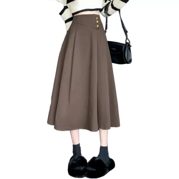 IDEALSANXUN Long Wool Skirt for Women Fall Winter 2023 High Elastic Waist A Line Flared Pleated Midi SkirtCoffee