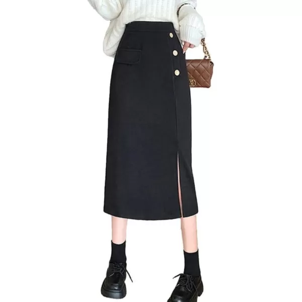 IDEALSANXUN Long Wool Skirts for Women High Waisted A Line Bodycon Fall Winter Midi Skirt with SlitBlack