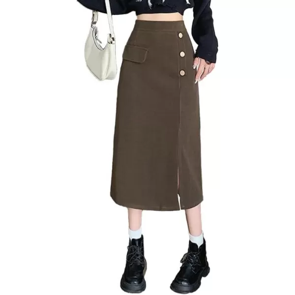 IDEALSANXUN Long Wool Skirts for Women High Waisted A Line Bodycon Fall Winter Midi Skirt with SlitCoffee