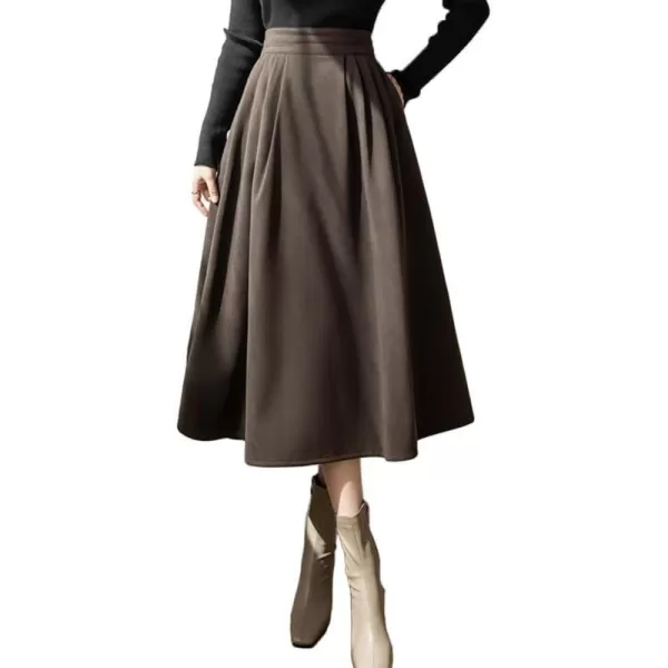 IDEALSANXUN Long Wool Skirts for Women High Waisted A Line Ruffle Fall Winter Midi Skirt with PocketsDark Brown