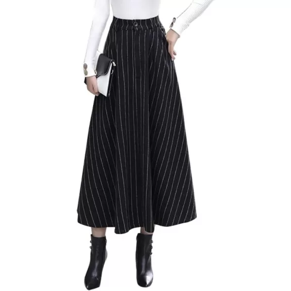 IDEALSANXUN Long Wool Skirts for Womens Fall Winter High Waist Vintage Pleated SkirtsBlackStriped