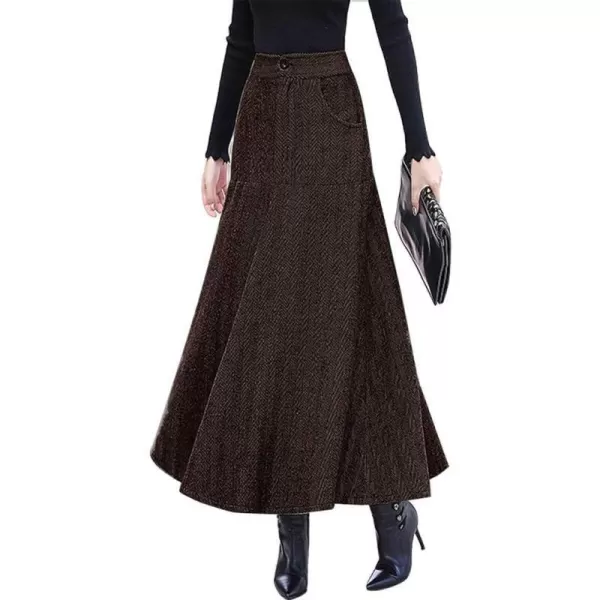 IDEALSANXUN Long Wool Skirts for Womens Fall Winter High Waist Vintage Pleated SkirtsDark Coffee 2