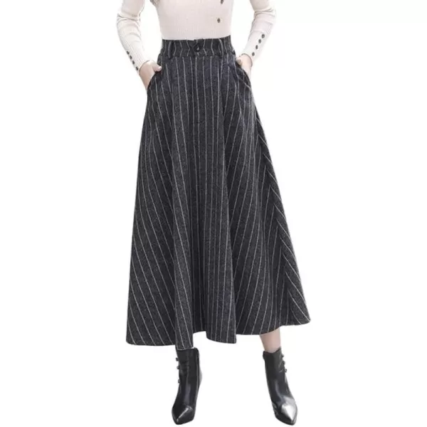 IDEALSANXUN Long Wool Skirts for Womens Fall Winter High Waist Vintage Pleated SkirtsGreyStriped