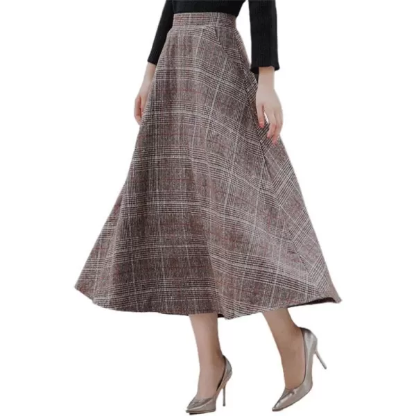 IDEALSANXUN Long Wool Skirts for Womens Fall Winter Vintage High Waisted A Line Flared Plaid SkirtCoffee