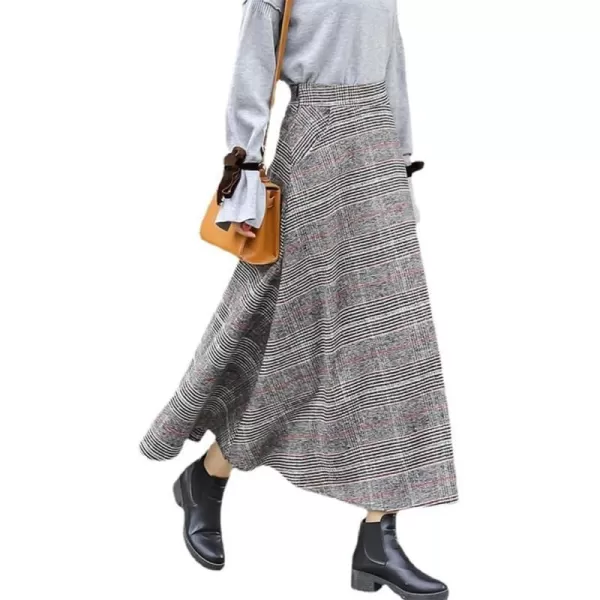 IDEALSANXUN Long Wool Skirts for Womens Fall Winter Vintage High Waisted A Line Flared Plaid SkirtGrey