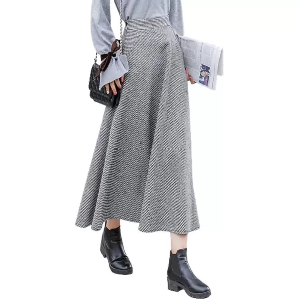 IDEALSANXUN Long Wool Skirts for Womens Fall Winter Vintage High Waisted A Line Flared Plaid SkirtWhite