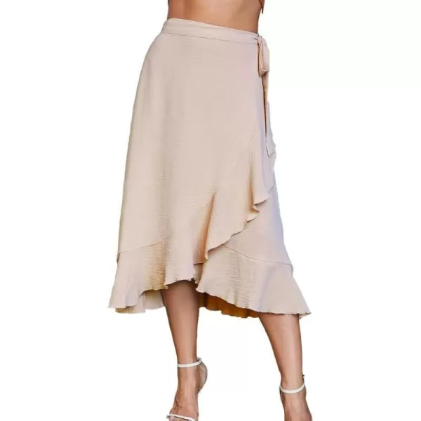 IDEALSANXUN Long Wrap Skirt for Women Ruffle High Waisted Flowy Asymmetrical Tie Beach Spring Summer Midi SkirtBeige