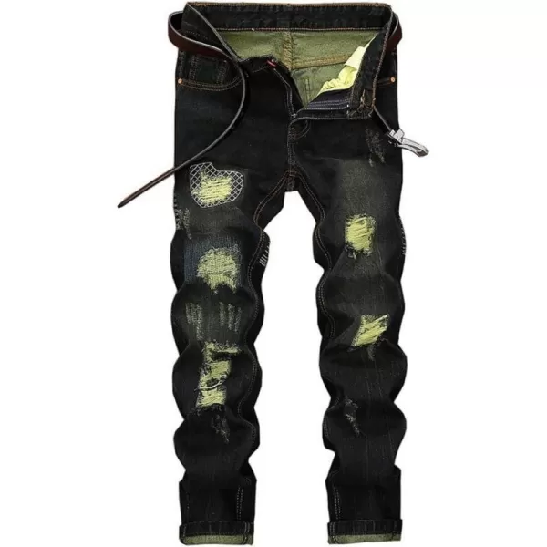 IDEALSANXUN Mens Printed Pattern Biker Jeans Ripped Slim Denim PantsBlack 164