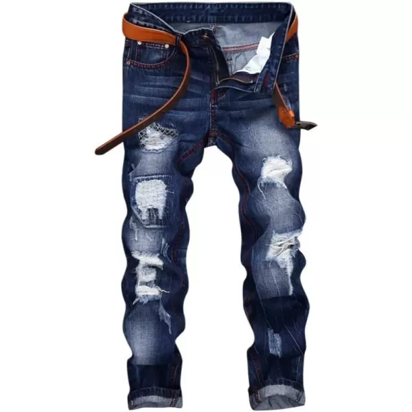 IDEALSANXUN Mens Printed Pattern Biker Jeans Ripped Slim Denim PantsBlue 164