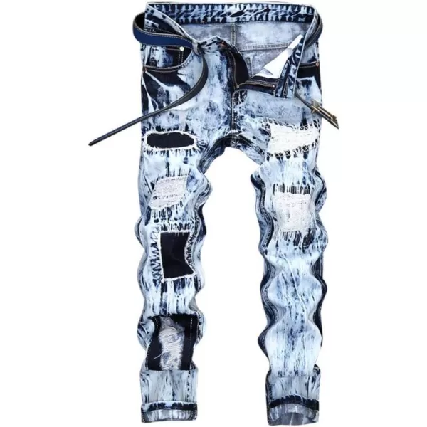 IDEALSANXUN Mens Printed Pattern Biker Jeans Ripped Slim Denim PantsLight Blue 167