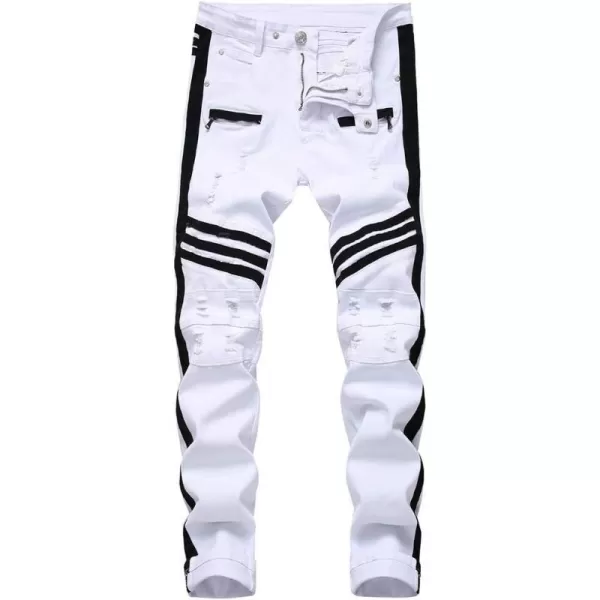 IDEALSANXUN Mens Printed Pattern Biker Jeans Ripped Slim Denim PantsWhite 103Stretch