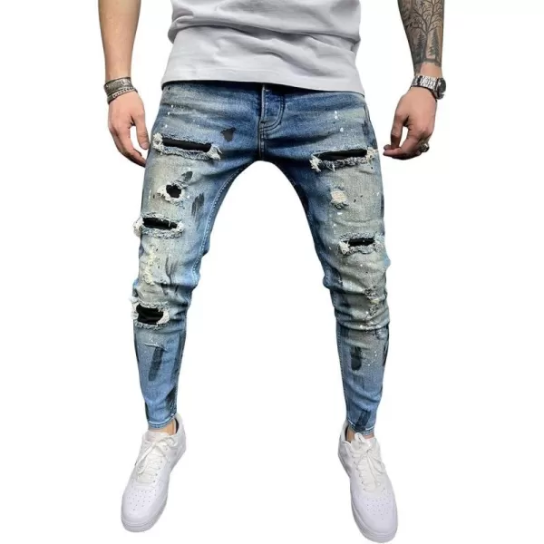 IDEALSANXUN Mens Stretch Skinny Jeans Pattern Slim Fit Ripped JeansBlue 21