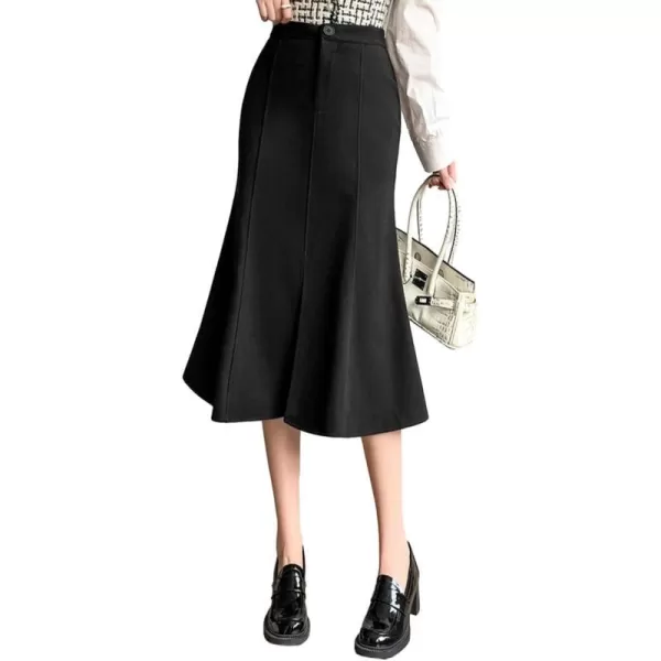 IDEALSANXUN Mermaid Maxi Skirt for Women Bodycon High Waisted Ruffle Fall Winter Long Wool Skirts with SlitBlack