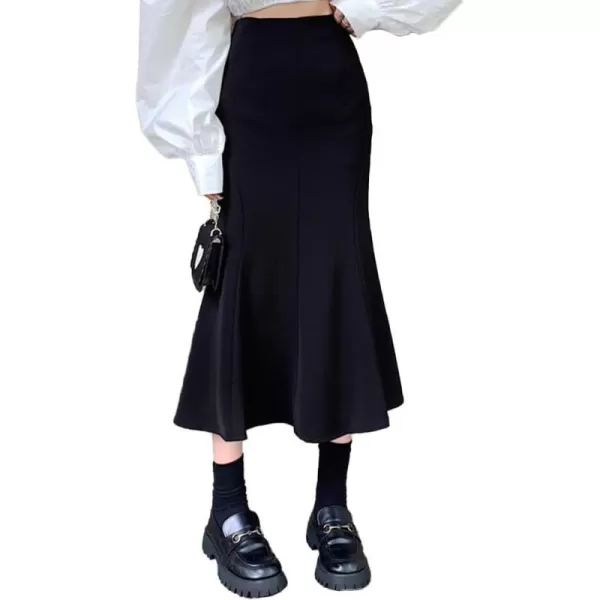 IDEALSANXUN Mermaid Maxi Skirt for Women Pleated Wrap High Waisted Bodycon Fishtail Fall Winter Ruffle SkirtBlack