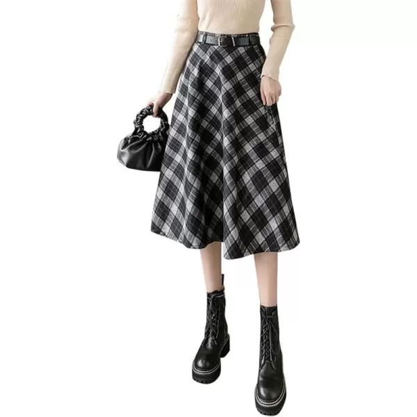 IDEALSANXUN Midi Plaid Skirts for Womens High Waist Pleated SkirtsBlack