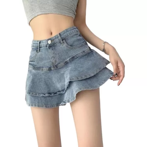 IDEALSANXUN Mini Denim Skirts for Women A Line Layered Ruffle Sexy Short Jean Y2K SkirtBlue