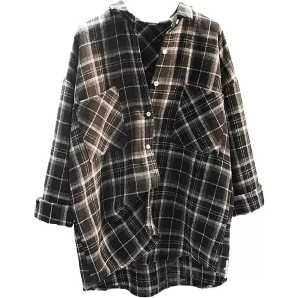 IDEALSANXUN Plaid Fall Shirts for Women 2023 Long Sleeve Shirt Button Down Jacket Casual Wool Jackets Coats with PocketsBlack