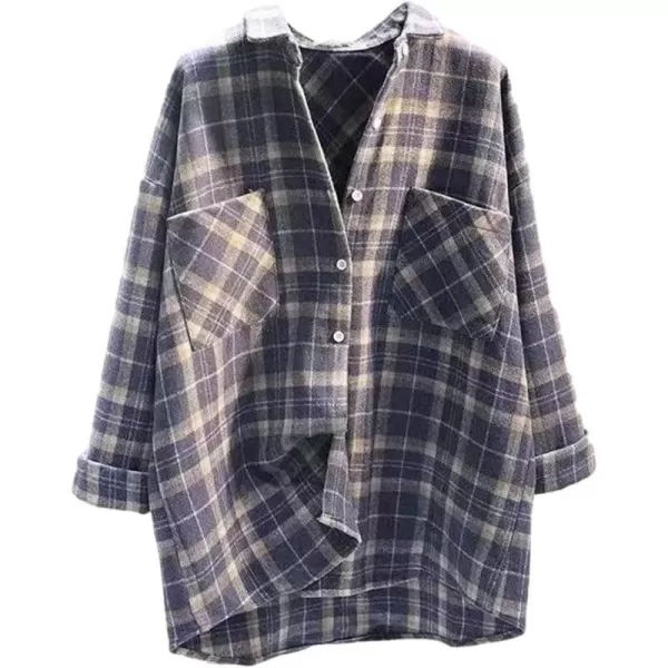 IDEALSANXUN Plaid Fall Shirts for Women 2023 Long Sleeve Shirt Button Down Jacket Casual Wool Jackets Coats with PocketsBlue