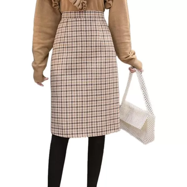 IDEALSANXUN Plaid Midi Skirt for Women High Waisted A Line Pencil Fall Winter SkirtKhaki
