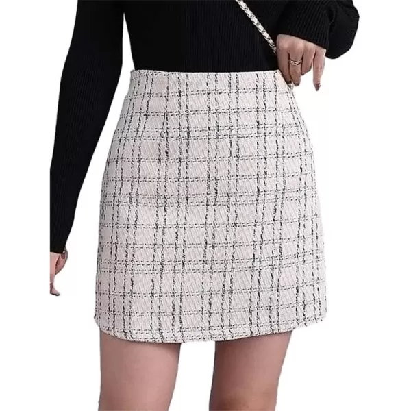 IDEALSANXUN Plaid Mini Skirts for Women Fall Winter High Waisted Short Bodycon Tweed SkirtsWhite